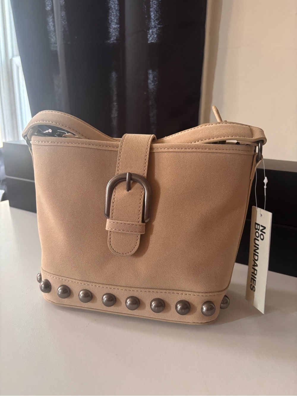 No Boundaries Tan Stud-Trim Crossbody Bag with Buckle Strap